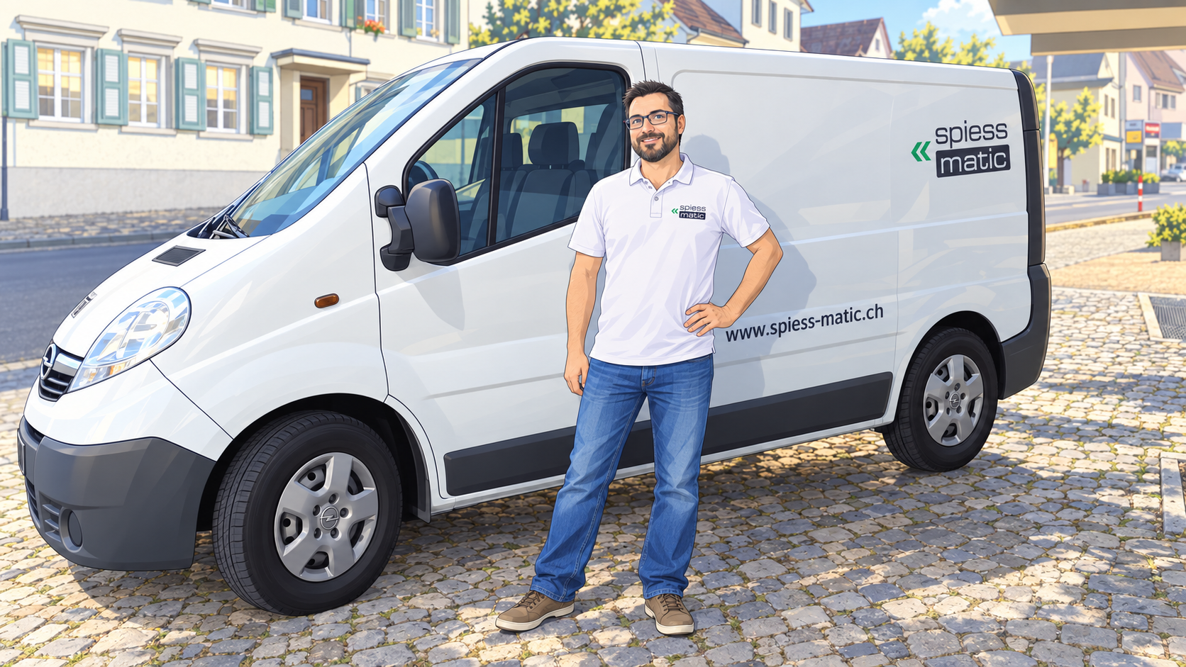 Roger Spiess neben dem Firmenwagen im Anime-Stil