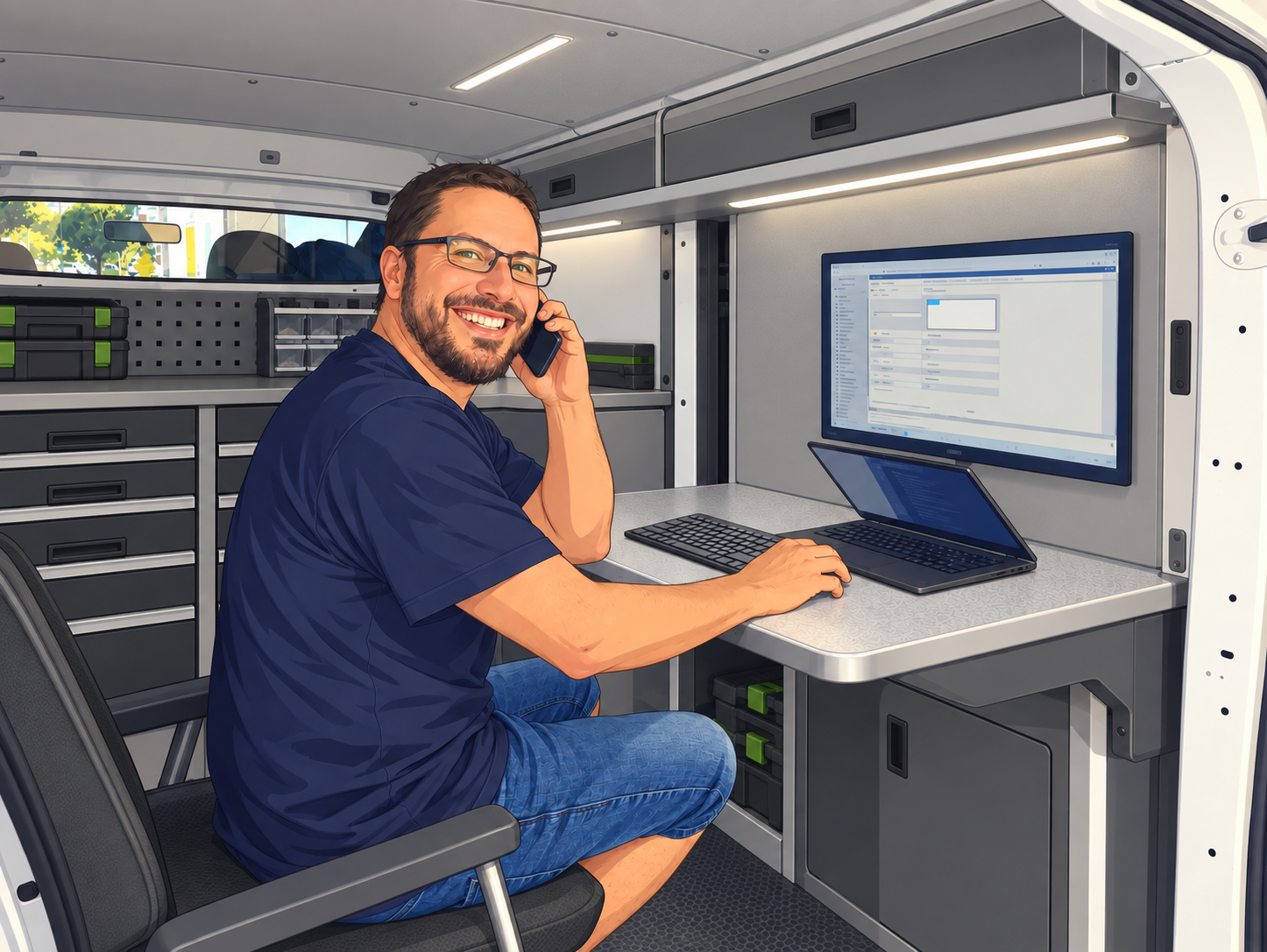 Roger Spiess am Telefon und Computer im Servicebus, Anime-Illustration