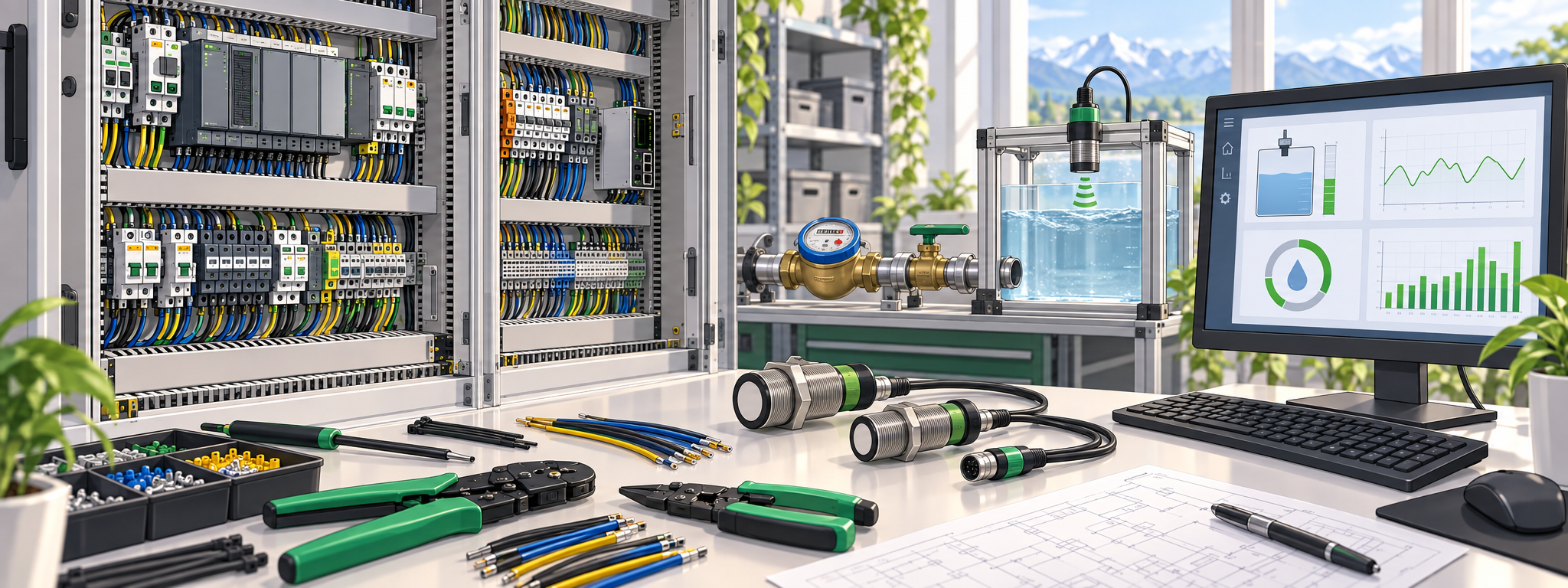 Anime-Illustration mit Schaltanlagen, Ultraschallsensoren, Wasserzähler und Messdaten am PC